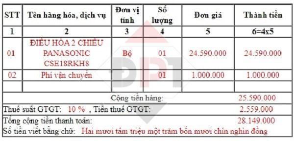 Nội dung trong mẫu hóa đơn