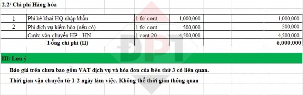 Bảng thống kê chi phí hàng hóa